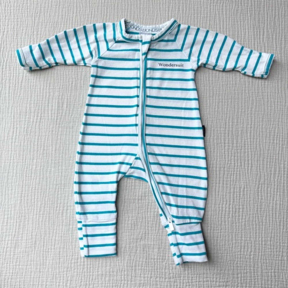 Bonds Teal Stripe Wondersuit Zip Romper